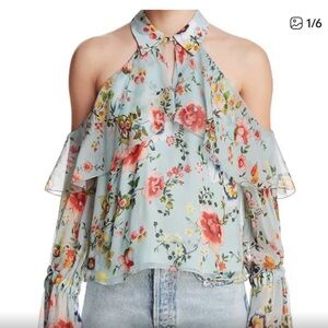 Alice + Olivia Floral Cold Shoulder Silk Blouse - Green and Red